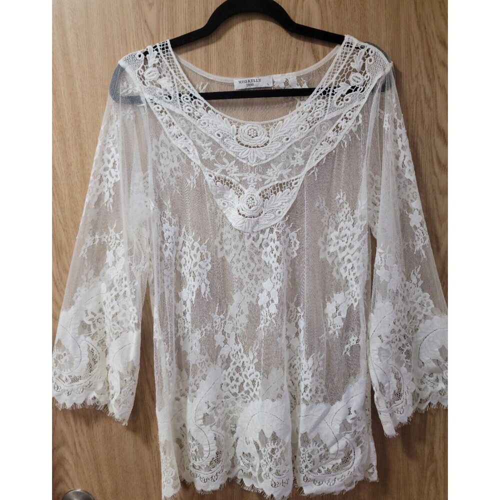 Miss Kelly 1999 White Lace Sheer Blouse~Size L